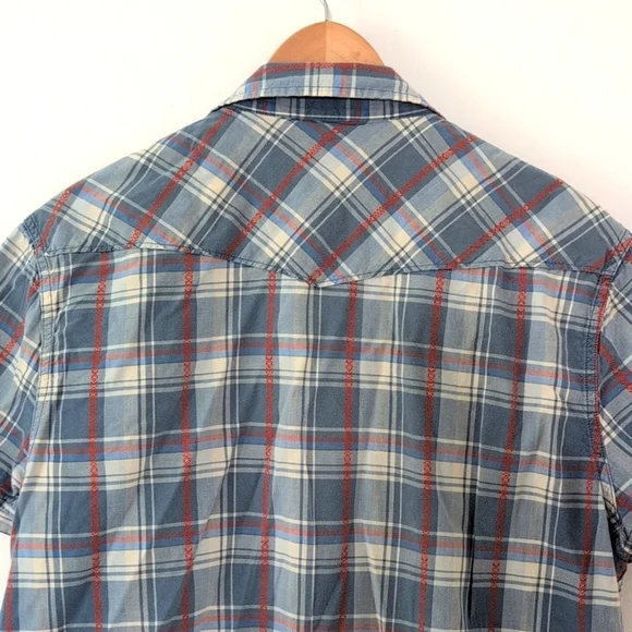 Lucky Brand Western Snap Button Down Short Sleeve Blue Orange Plaid Shirt Large - Picture 6 of 8